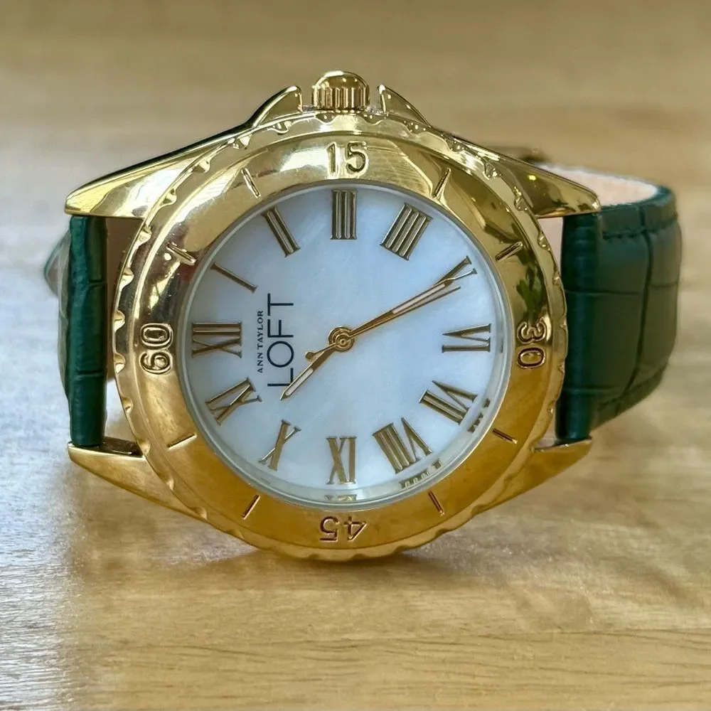 LOFT Gold Tone Green Croc Leather Band Watch Mother Of Pearl Face NWOT
